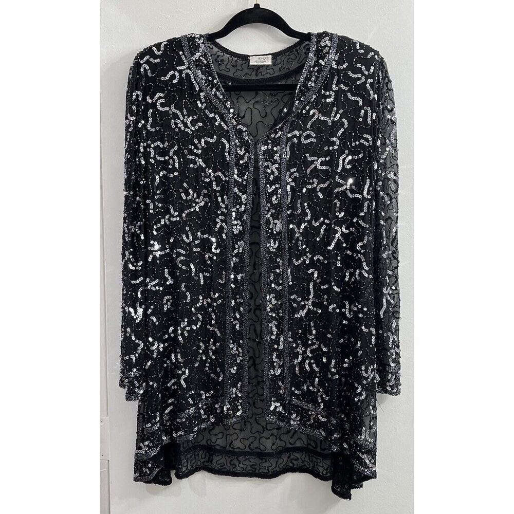 Vintage Silk Jacket Women Large Black Sequin Beaded‎ Jacket Wedding Holiday